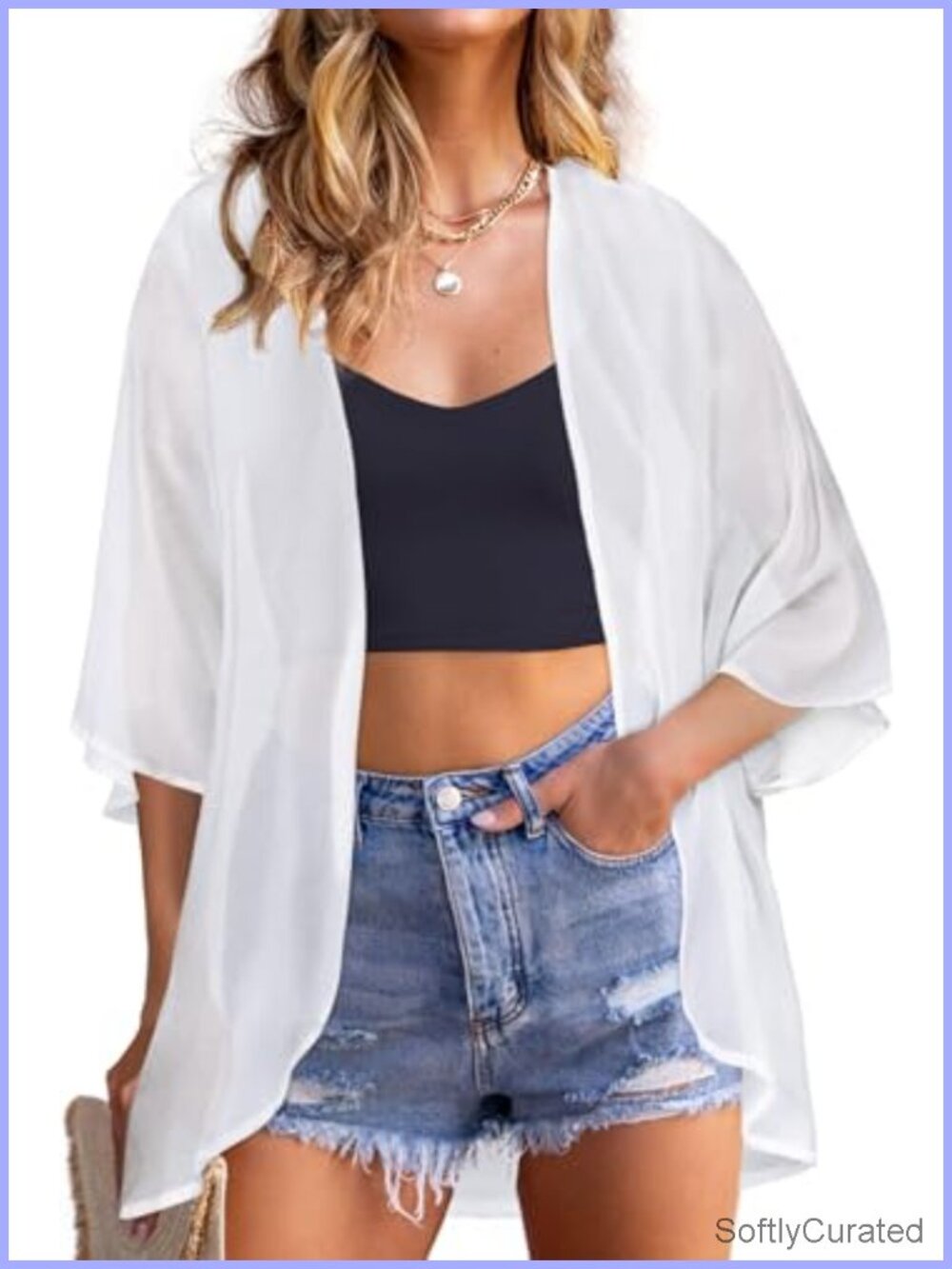 Women Chiffon Kimono Cardigan Swim Cover Up Floral Print 3/4 Sleeve Lightweight